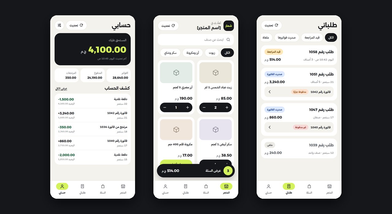 ثلاث شاشات من تطبيق الطلبات: حساب الزبون، والمتجر بالأصناف والأسعار، وقائمة الطلبات بحالاتها